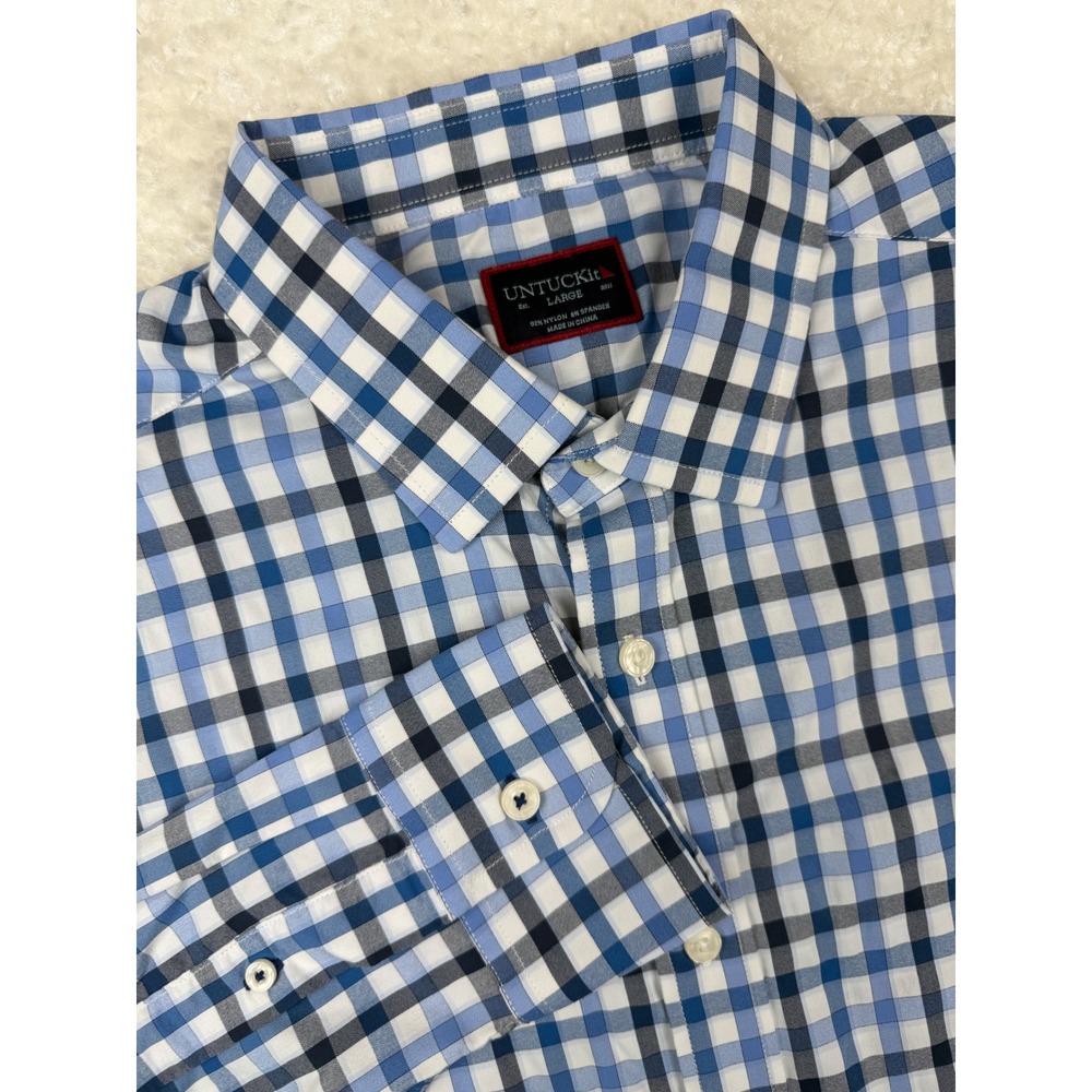UNTUCKit Mezzacorono Button Down Shirt Mens Large Blue Gingham Plaid Performance